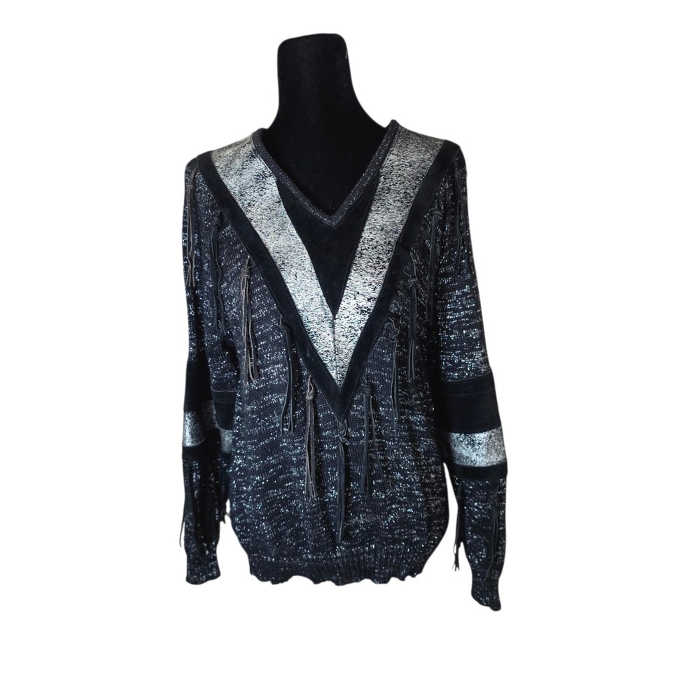 Vintage Pioneer Wear Womens M Black Silver Fringe Western Sweater Cowgirl Rodeo
